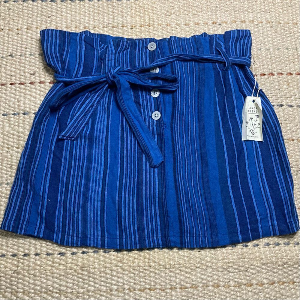 Indigo Rein, Linen Blend Striped Mini Skirt, Belted Tie, Juniors X-Large Beachy